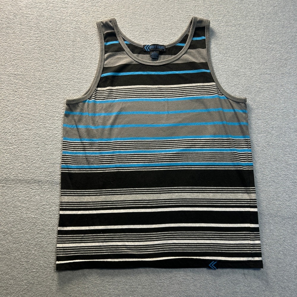 Street Rules Tank Top Mens Large Gray Blue Striped Cotton Streetwear Skate Style